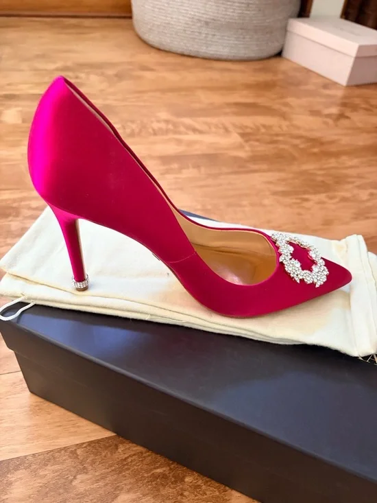 Badgley Mischka Fuchsia Pointed-Toe Pumps with Crystal Buckle - Picture 7 of 11